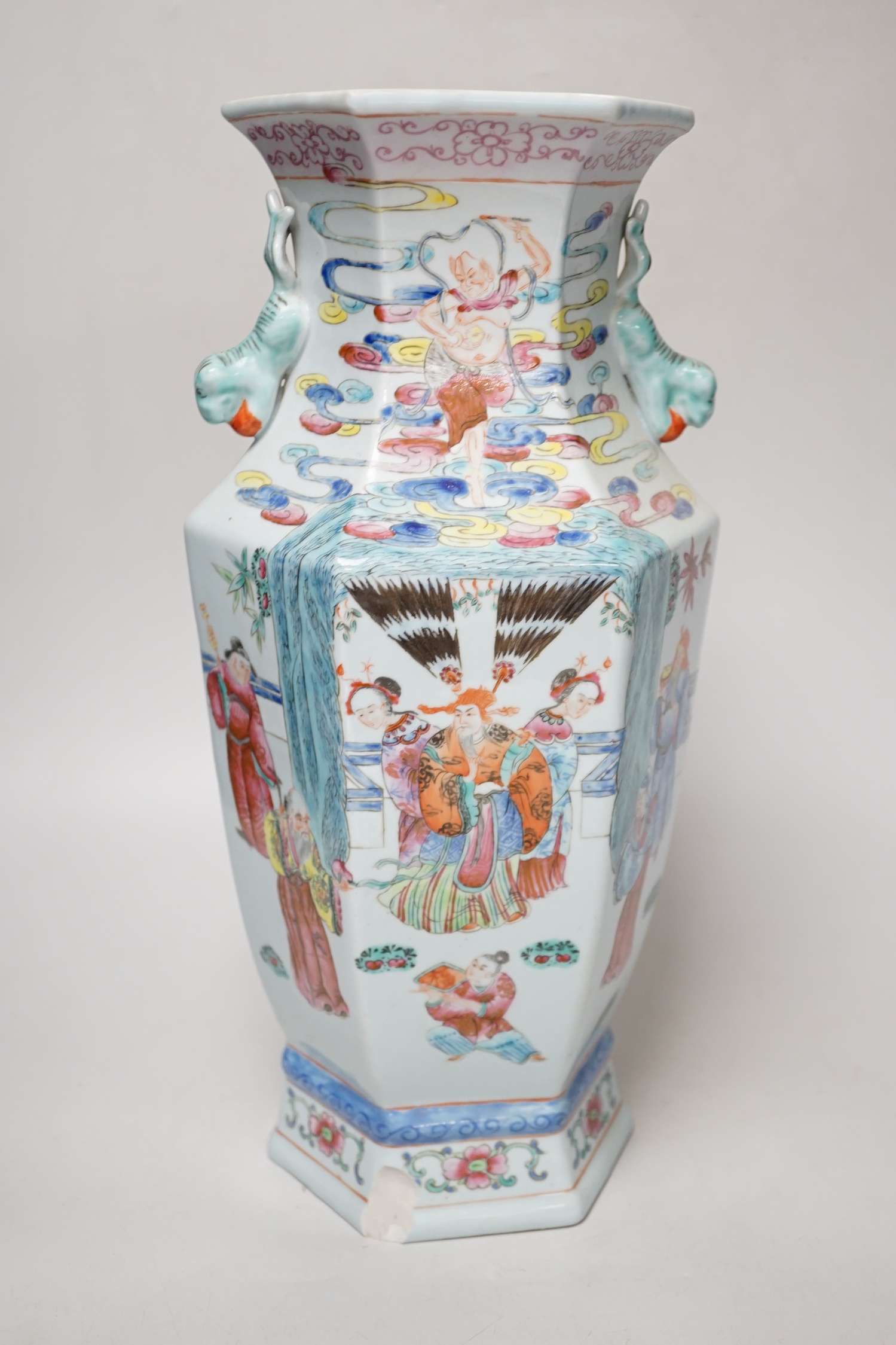 A Chinese famille rose hexagonal baluster vase, 36cm